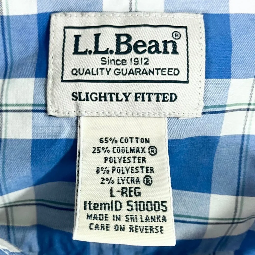 LL Bean Mens Blue White Plaid CoolMax Slightly Fitted Button Down Shirt L-Reg